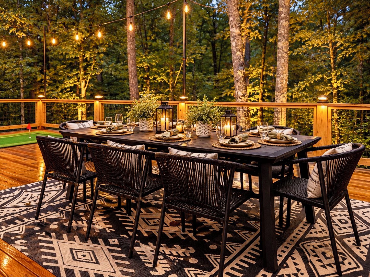 An outdoor dining area with a table set for six, surrounded by wicker chairs, on a wooden deck with a patterned rug.