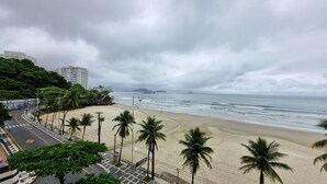 Une plage bordée de palmiers, une route et des bâtiments en arrière-plan.