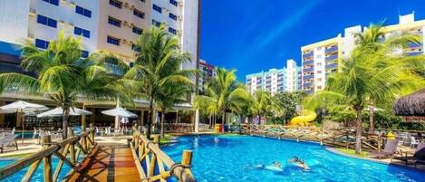 5 indoor pools, open 6:00 AM to 11:00 PM, pool loungers