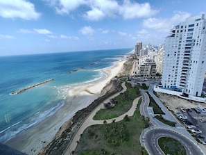 Paesaggio costiero con spiaggia, strada curva e grattacieli.