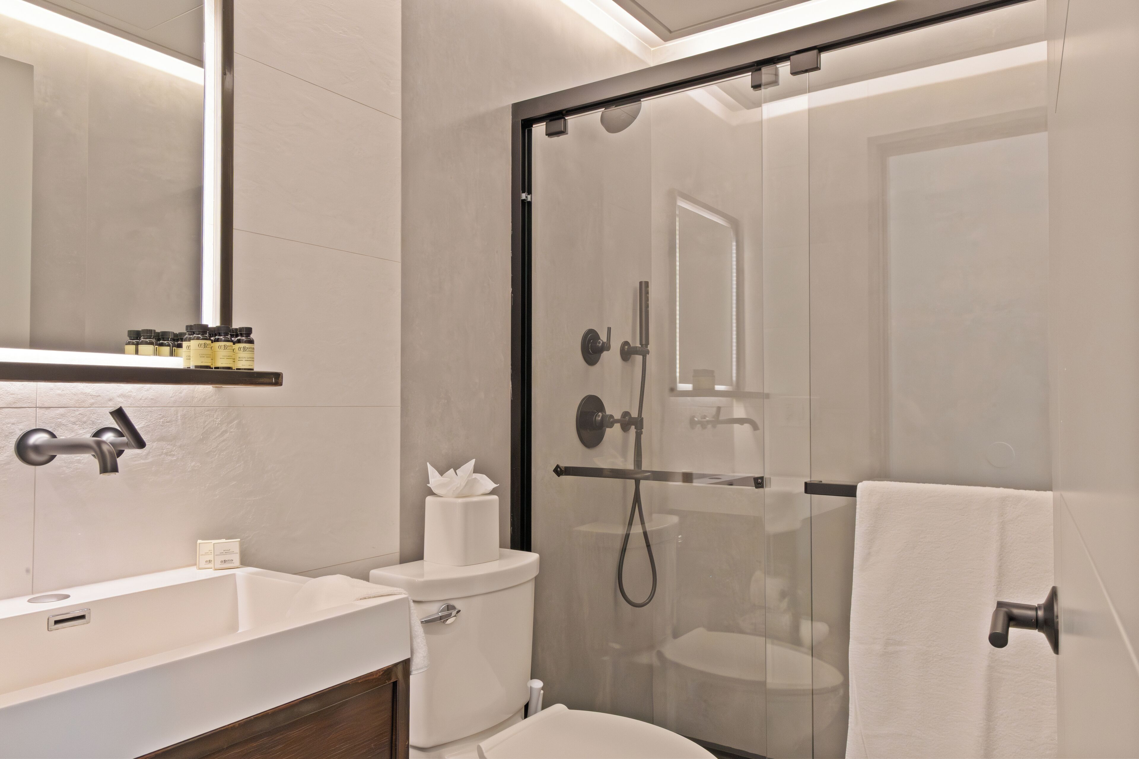 A modern bathroom with a glass-enclosed shower, a white sink, and a toilet.