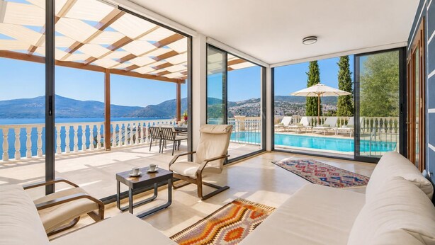 Una stanza moderna con un'ampia porta vetrata che dà su un balcone con piscina e vista mare.