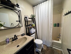 Hair dryer, towels, soap, shampoo