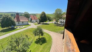 A rural village with a church, a white building, and a paved road. - Apartment “Schellenberg” with Mountain View, Private Terrace, and Wi-Fi (Herrischried)