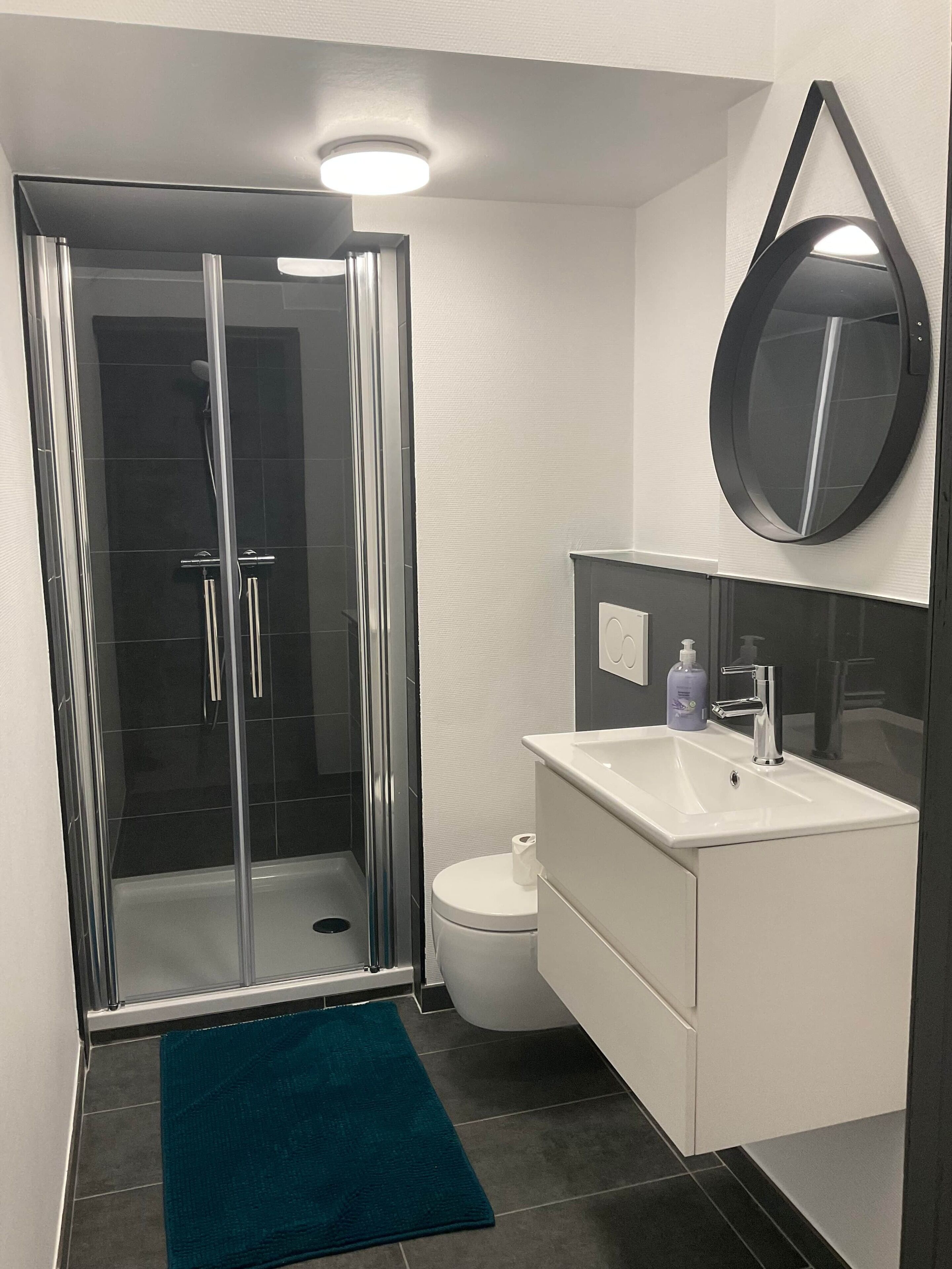 Een douche, een haardroger, handdoeken, toiletpapier