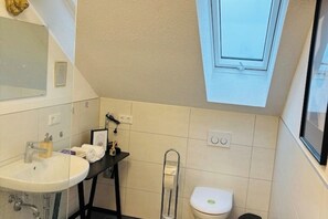 Dusche, Haartrockner, Handtücher, Toilettenpapier