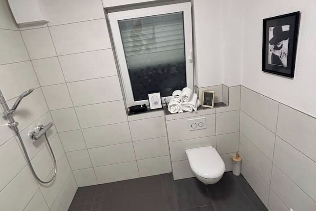 Dusj, hårføner, håndklær og toalettpapir