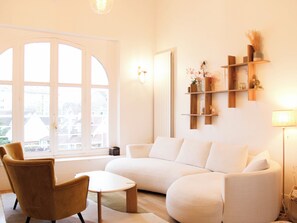 TV, fireplace, books