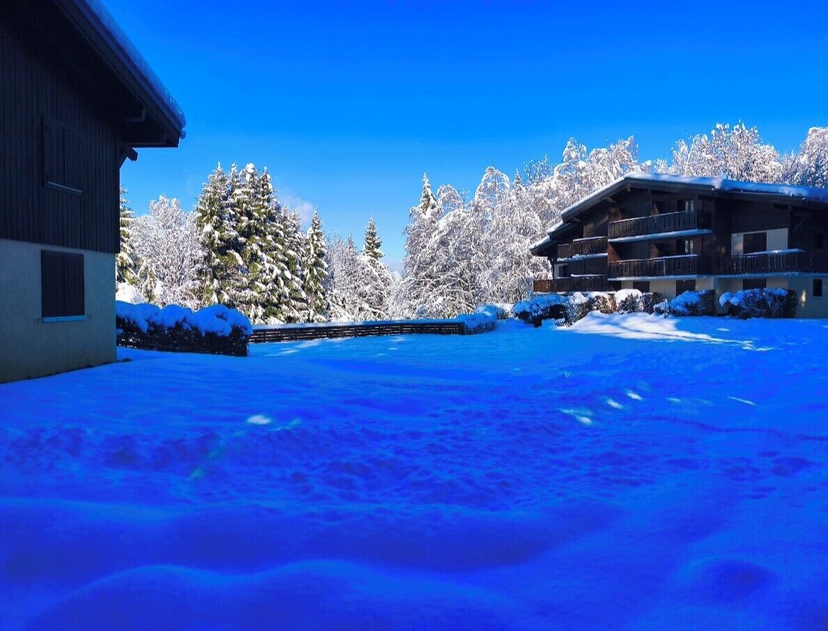 A snow-covered courtyard with buildings on either side, featuring a clear blue sky.