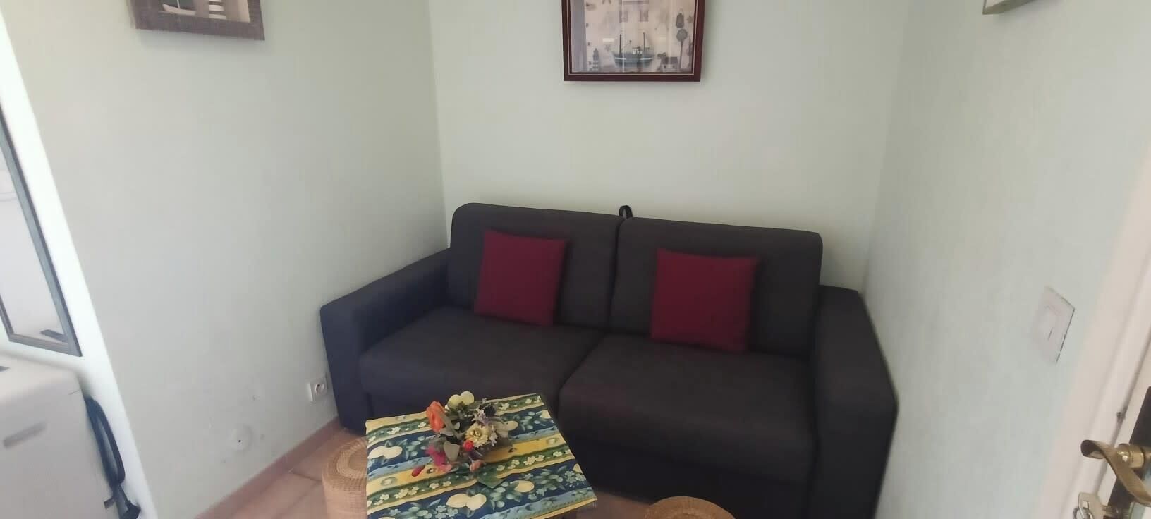 A small living room with a dark sofa, two red cushions, and a patterned coffee table.