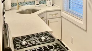 A modern kitchen with white cabinets, a stainless steel sink, a gas stove, and a window with green plants.