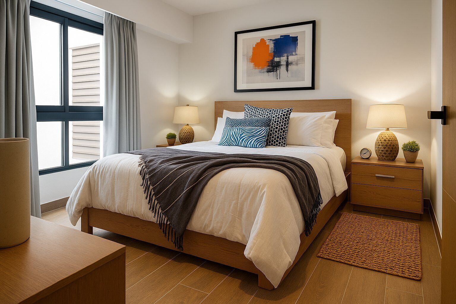 1 dormitorio, tabla de planchar con plancha, ropa de cama