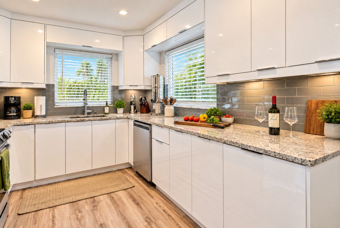 Een moderne keuken met witte kastjes, een granieten aanrechtblad en een inbouwvaatwasser.