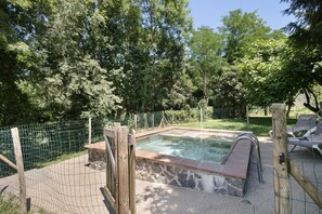 Ein Pool mit Steinrand, umgeben von einem Zaun und Bäumen.