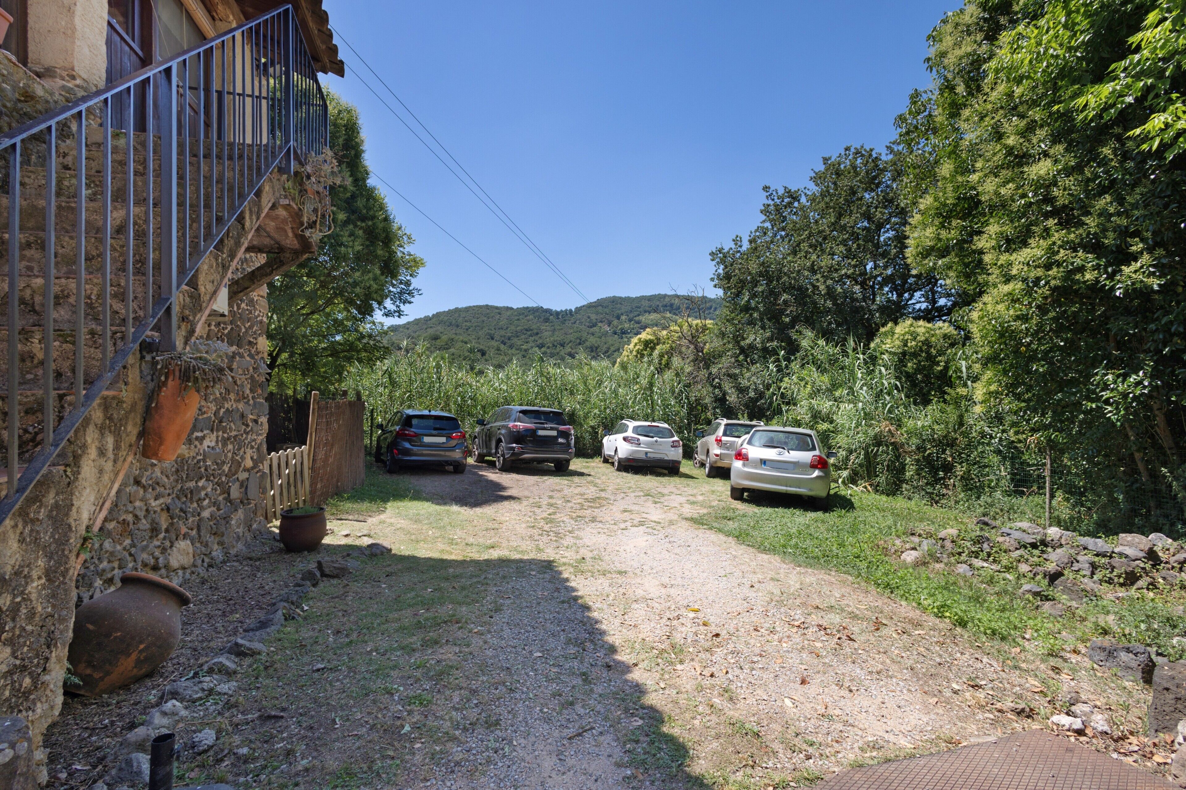 A gravel driveway leading to parked cars, a stone wall, and a wooden fence.
