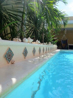 Una piscina con piastrelle e conchiglie decorative, circondata da palme e un'amaca.