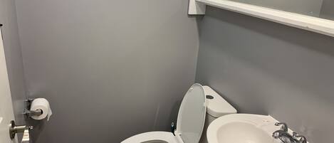Un baño pequeño con inodoro, lavamanos y espejo sobre el lavamanos.