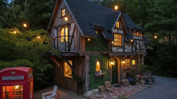 Une maison en bois à deux étages, dotée d’un balcon, d’une cabine téléphonique et d’une allée gravillonnée.