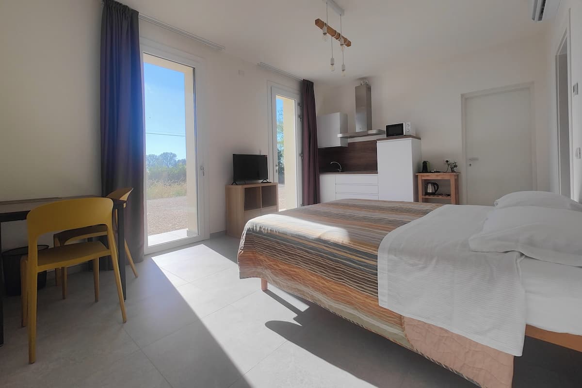 A hotel room with a bed, a desk with a chair, a television, a kitchenette, and a sliding glass door to the outside.