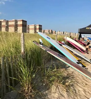 A row of surfboards lined up on a sandy beach with tall grass in the foreground and buildings in the background. - Luxurious Beachside retreat, 2 Bedrooms Entire rental unit in Queens, New York (Rockaway beach)