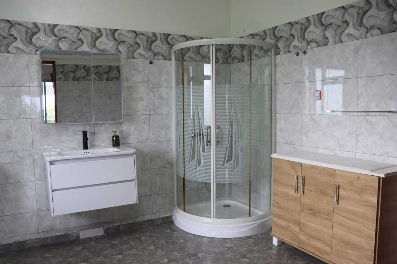 Une salle de bain avec une douche à parois de verre, un meuble-lavabo blanc avec un miroir et un placard en bois.
