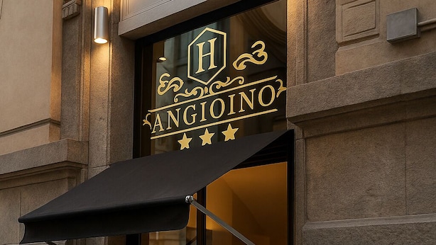 A hotel entrance with a black awning and a sign displaying the name 'Angioino' with a logo and three stars. - HOTEL ANGIOINO & SPA (Naples)