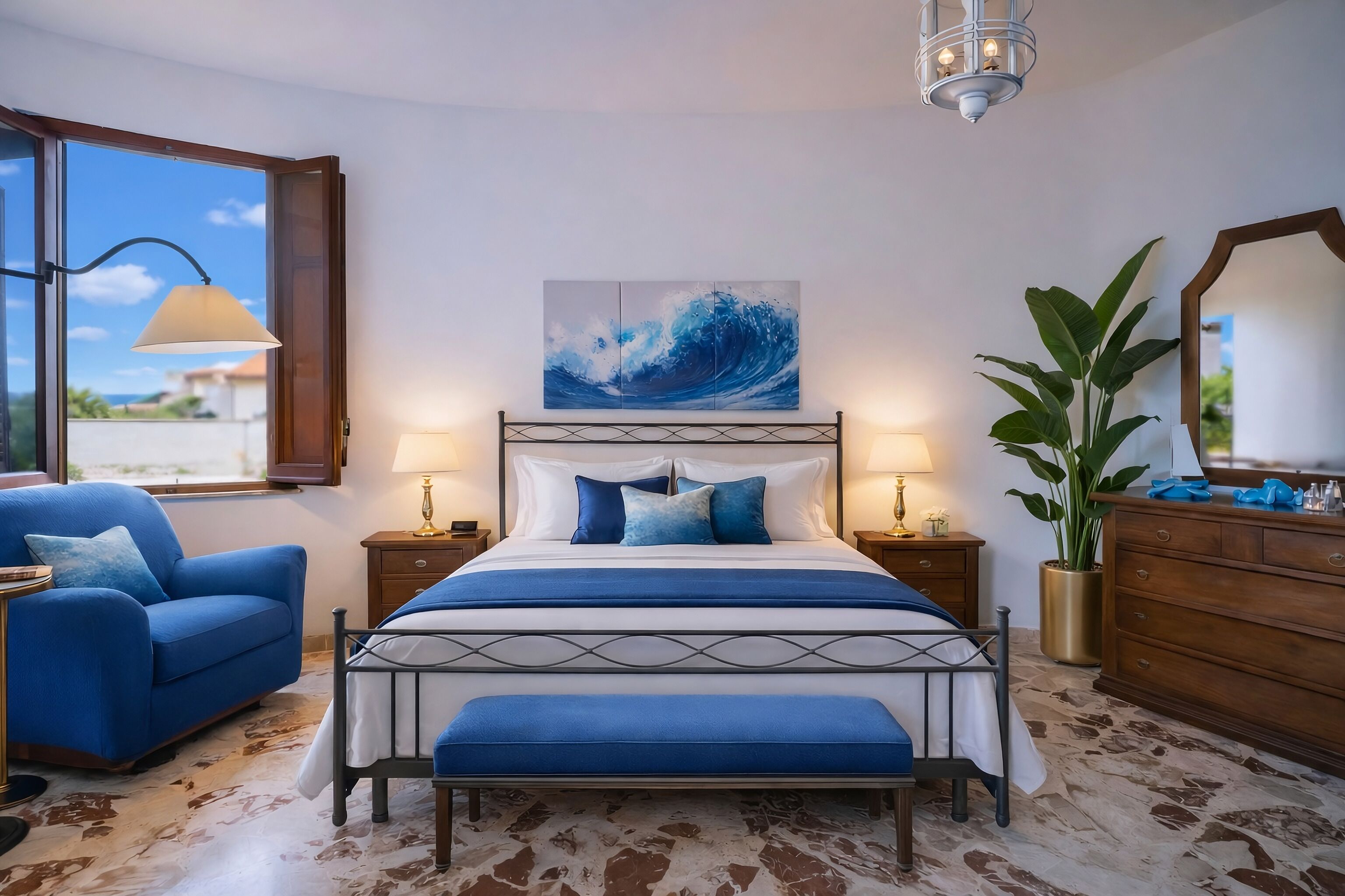 Une chambre à coucher avec un lit, des tables de chevet, une chaise, une grande fenêtre, une plante et un miroir.