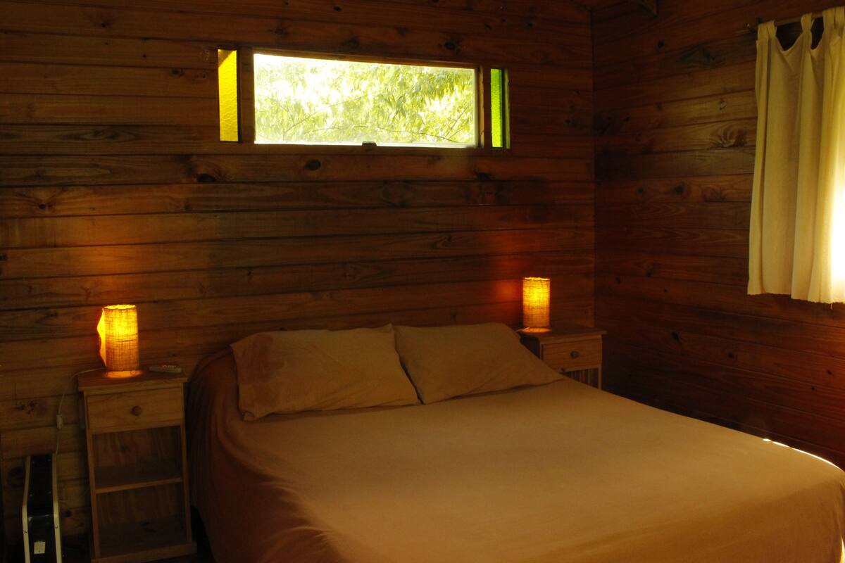 Een houten kamer met een bed, twee bedlampen en een raam met uitzicht op groen.