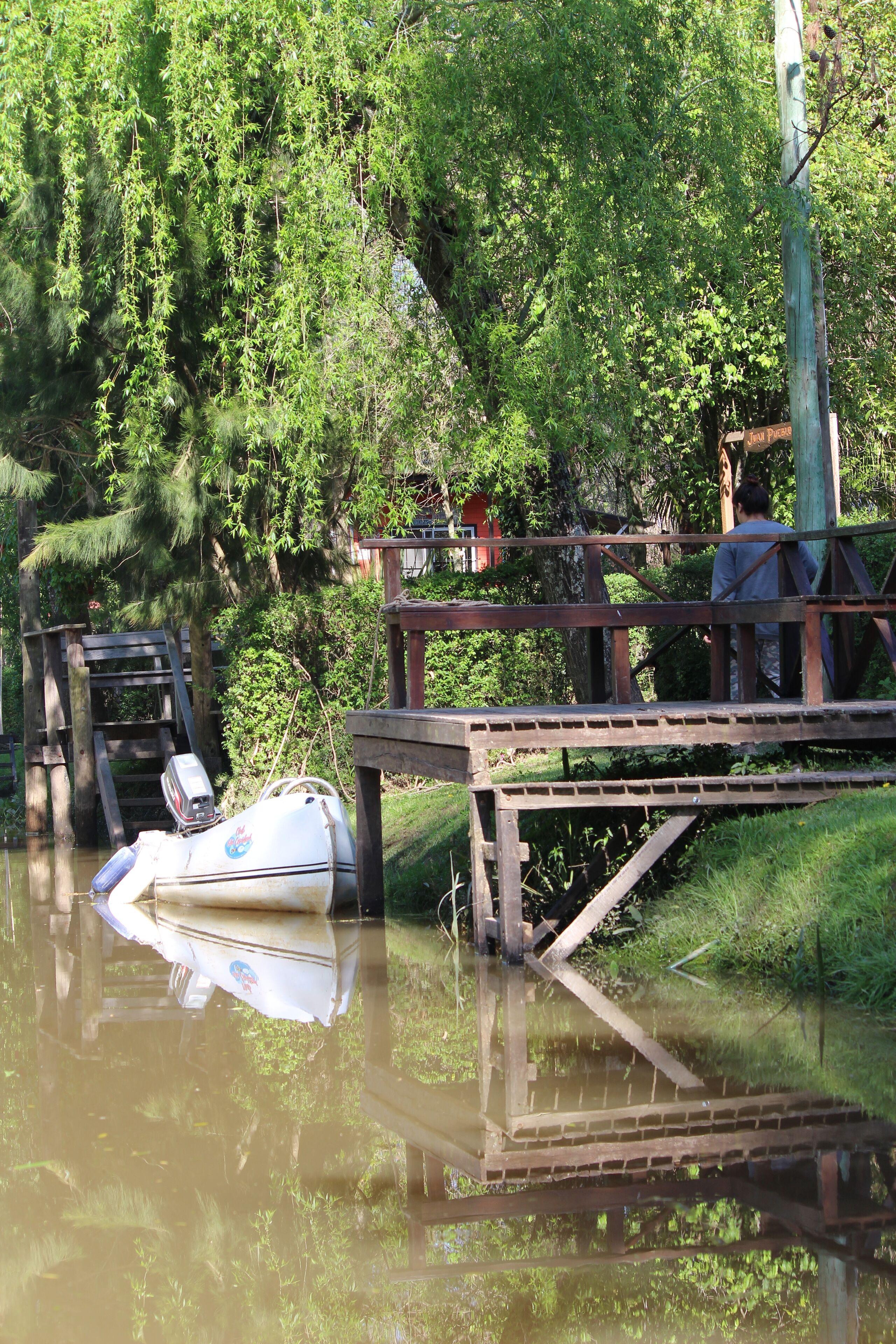 Een houten steiger die zich uitstrekt in een rustig waterlichaam, omringd door weelderige begroeiing.