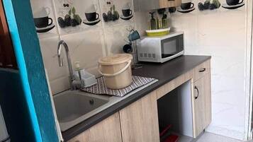 Kühlschrank, Mikrowelle, Herdplatte, Gewürze