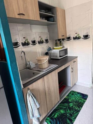 Køleskab, mikrobølgeovn, kogeplade, krydderier