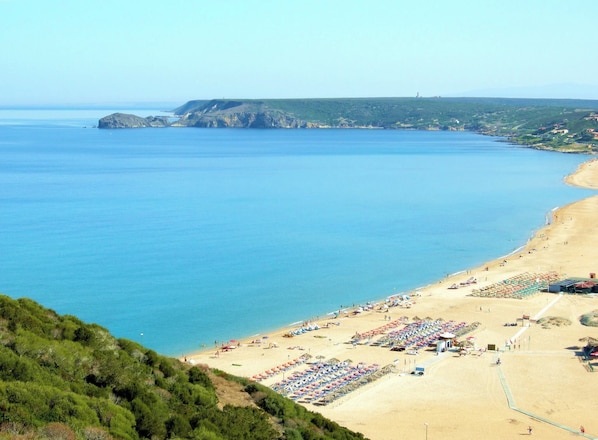 På stranden, gratis transport till/från stranden och solstolar