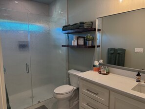 Regadera, secadora de cabello, toallas, jabón