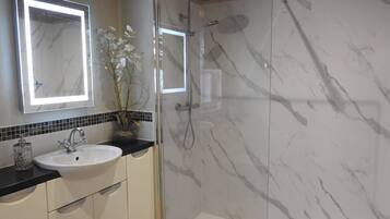 Shower, hair dryer, towels