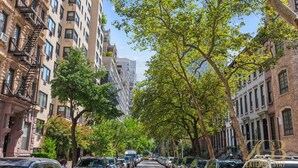 Una calle arbolada con coches aparcados y edificios de varios pisos.
