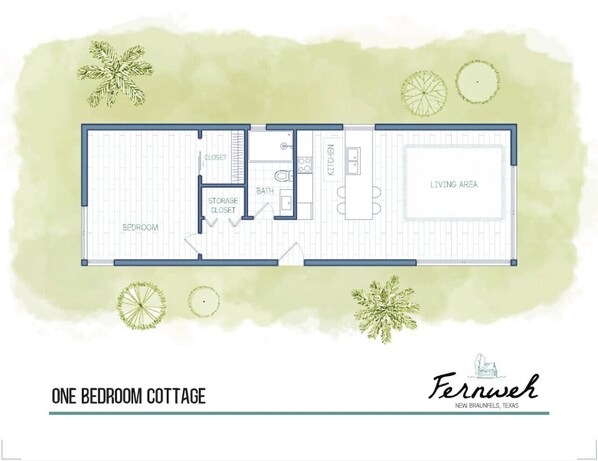 Il s’agit d’un petit chalet comprenant une chambre, une salle de bain, une cuisine, un placard de rangement et un espace de vie.