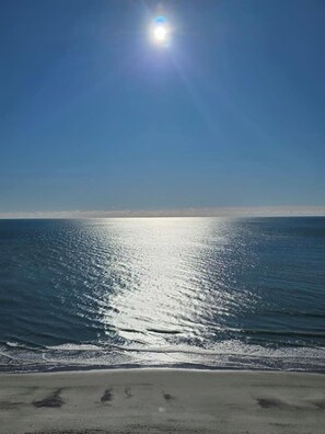 Ein Strand mit blauem Himmel und ruhiger See.