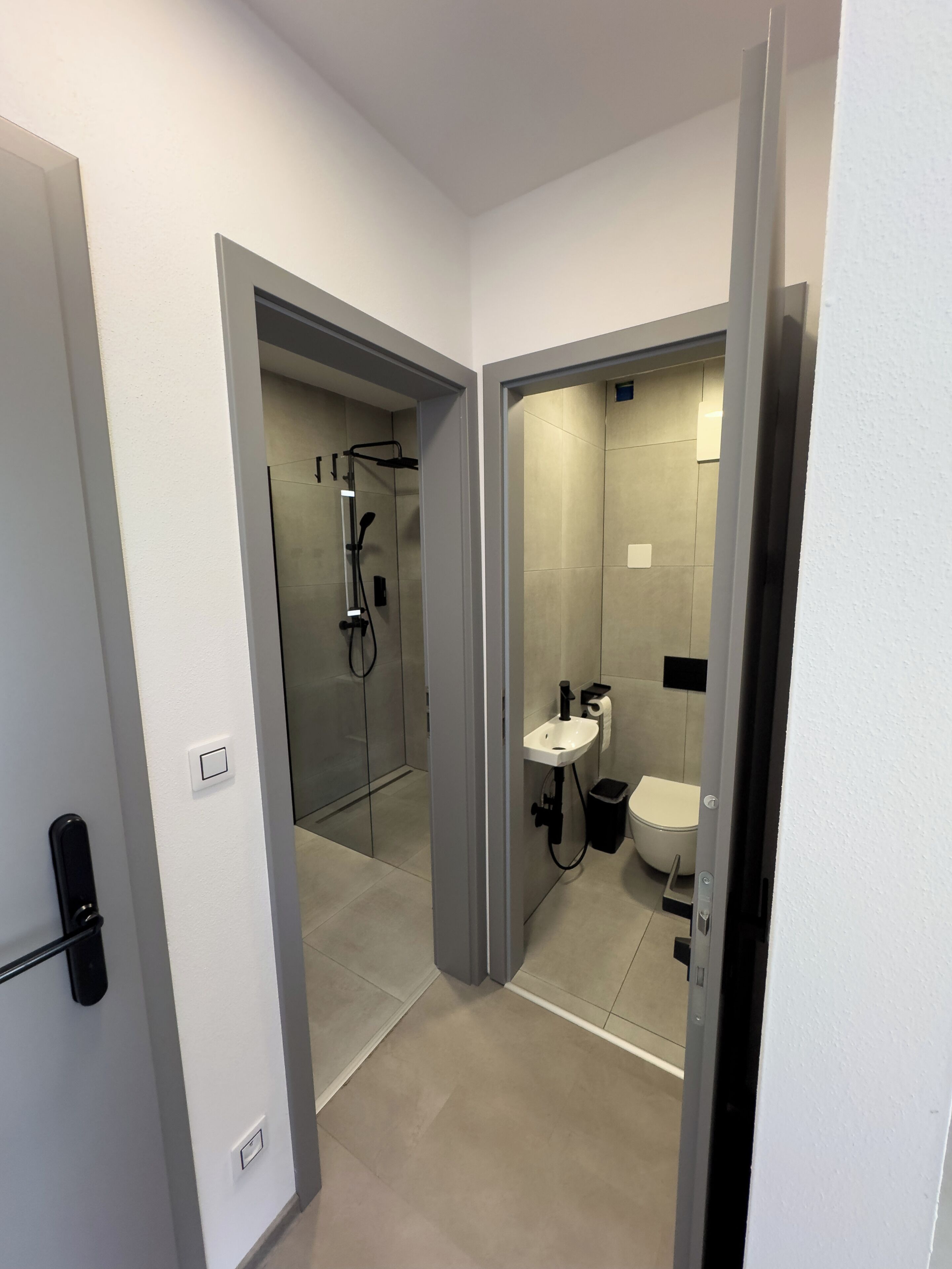 A modern bathroom with a glass-enclosed shower, a sink, and a toilet.