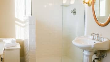 Shower, towels, soap, toilet paper