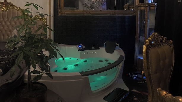 A modern bathroom with a freestanding bathtub, a potted plant, and a vanity with a mirror. - Hourly hotel BlackKingdom (Freiburg im Breisgau)