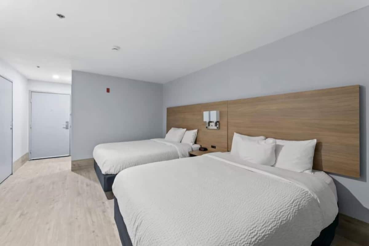 Quarto de hotel com duas camas, cabeceira de madeira, mesa de cabeceira e luminária fixada na parede.
