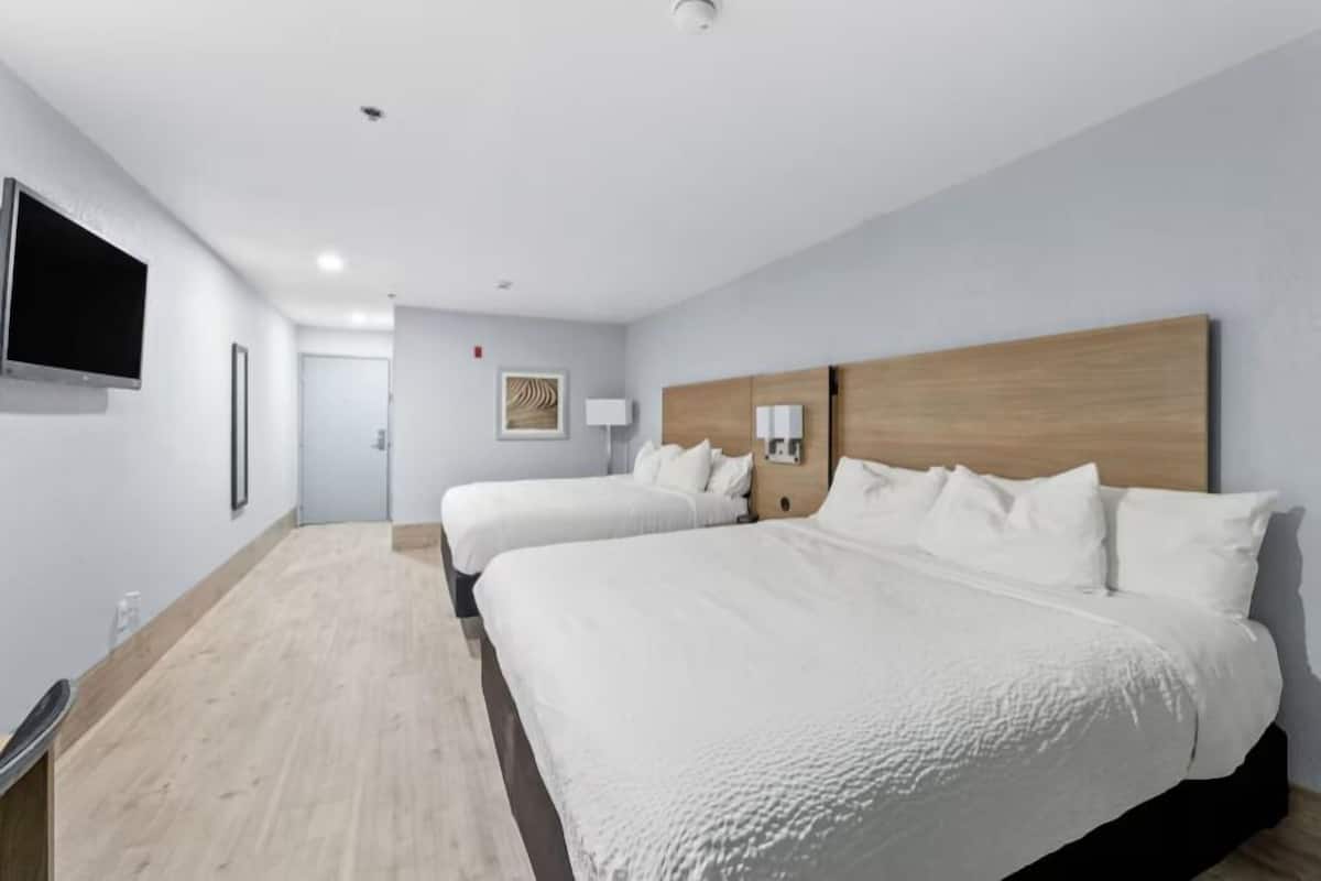 Quarto de hotel com duas camas, uma TV de tela plana, uma cabeceira de madeira e uma pequena mesa de cabeceira com abajur.