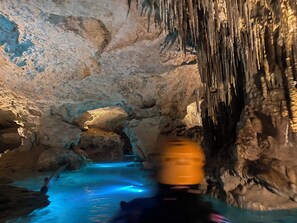 A cave with stalactites and a blue-lit water feature. - 1-Bedroom Suite, Living Room, and Kitchen at Vidanta Riviera Maya (Playa del Carmen)