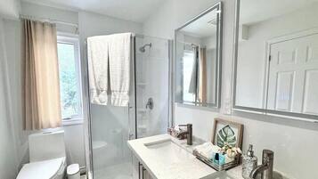 Hair dryer, towels, soap, shampoo