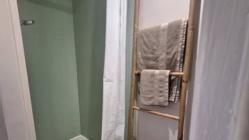 Shower, hair dryer, towels