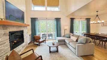 Smart TV, fireplace, books