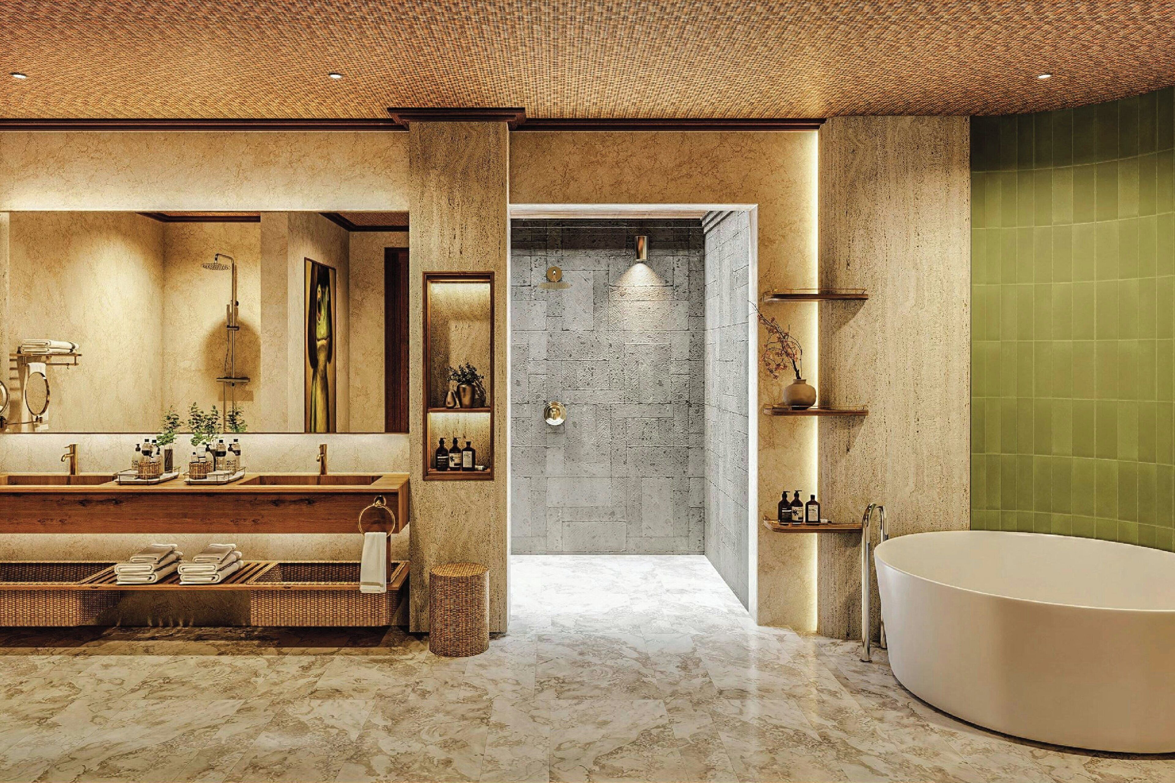 Een moderne badkamer met een groot bad, een douchegedeelte en een wastafel met spiegel en planken.