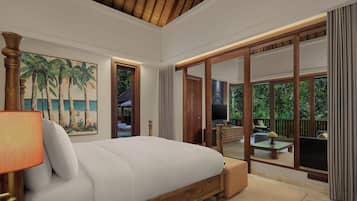 Un dormitorio con una cama grande, un cuadro de palmeras, un televisor y vistas al exterior.