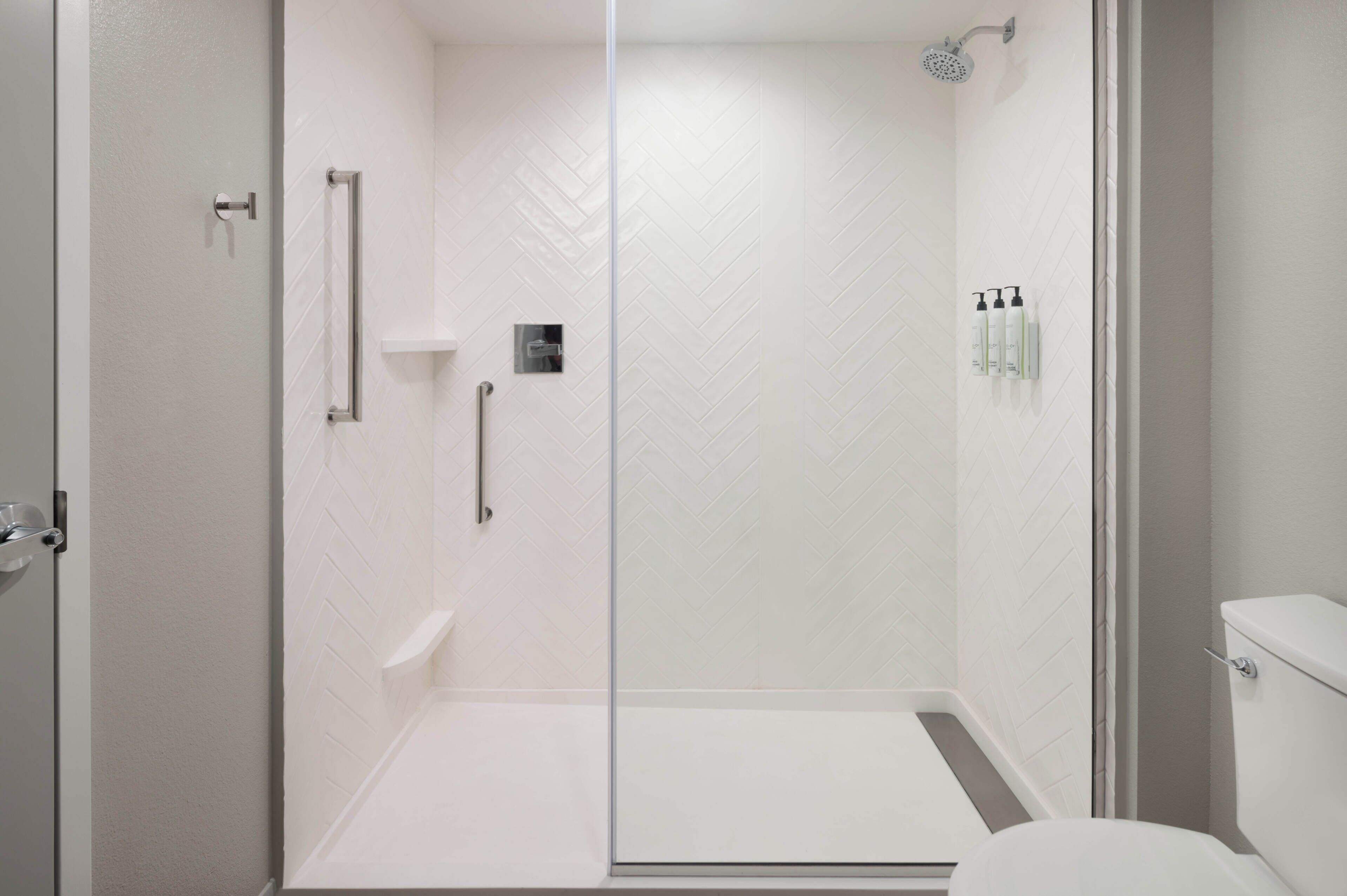 A modern bathroom with a glass shower enclosure, a toilet, and a handrail.