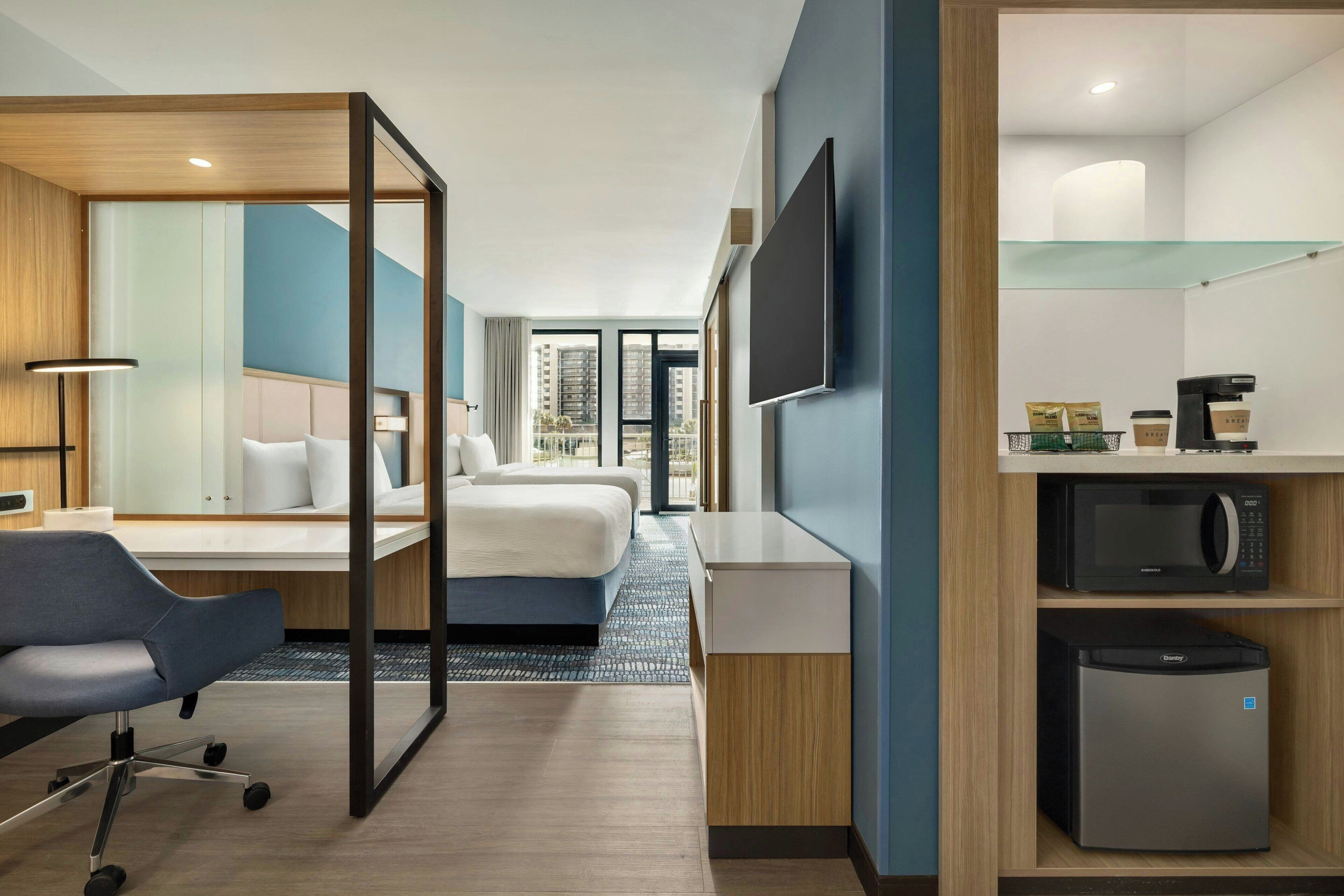 Hypo-allergenic bedding, desk, laptop workspace, iron/ironing board